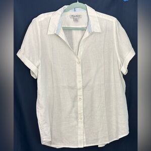TOMMY BAHAMA NWOT Linen Short Sleeve Button Up Blouse in White Size L